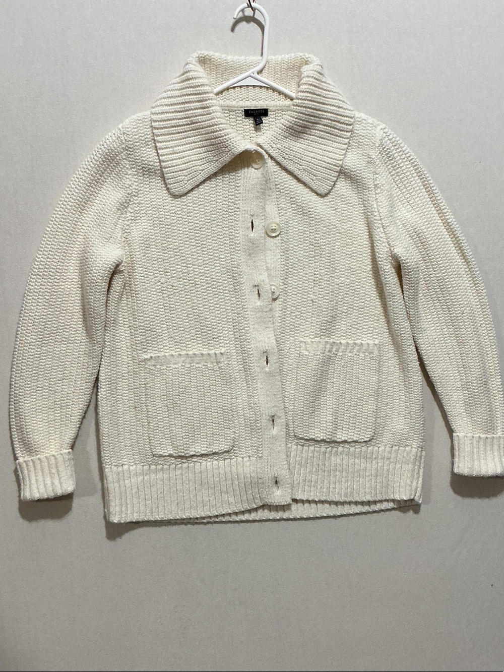 Talbots Cream Button-Front Knit Cardigan with Spread Collar